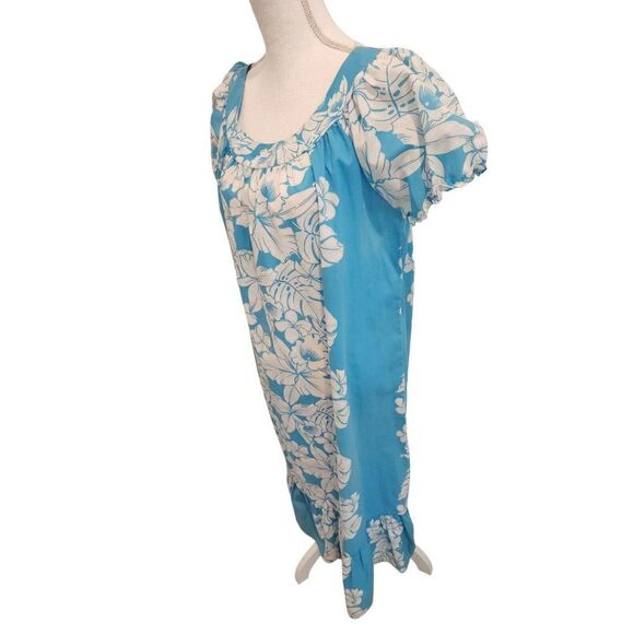 Aikane Vintage 80s Hawaiian Blue White Floral MuuMuu Dress Size L Kaftan - Picture 2 of 7